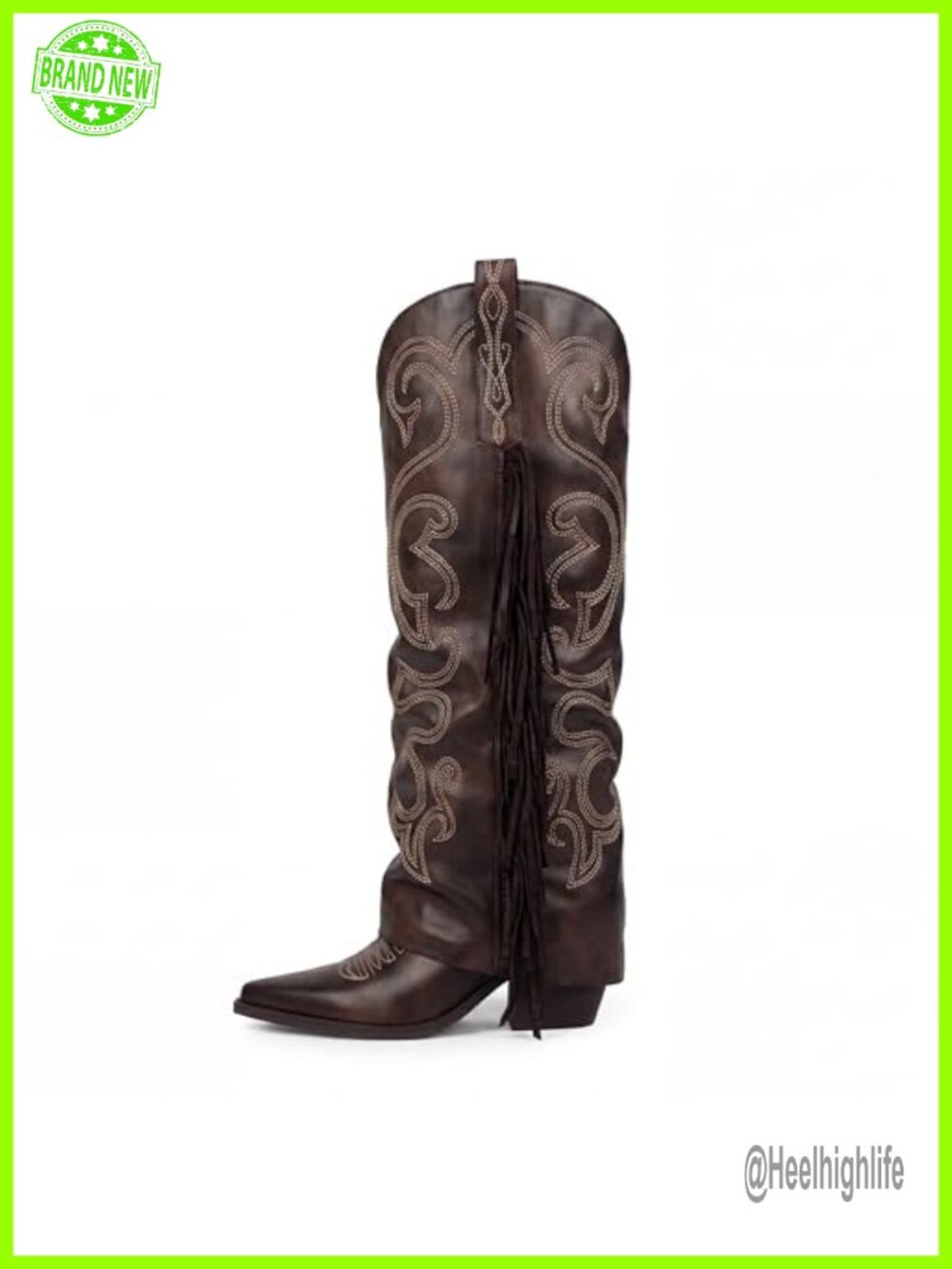 Faux Leather Fold Over Fringe Embroidered Western Cowboy Pointy Toe Chunky